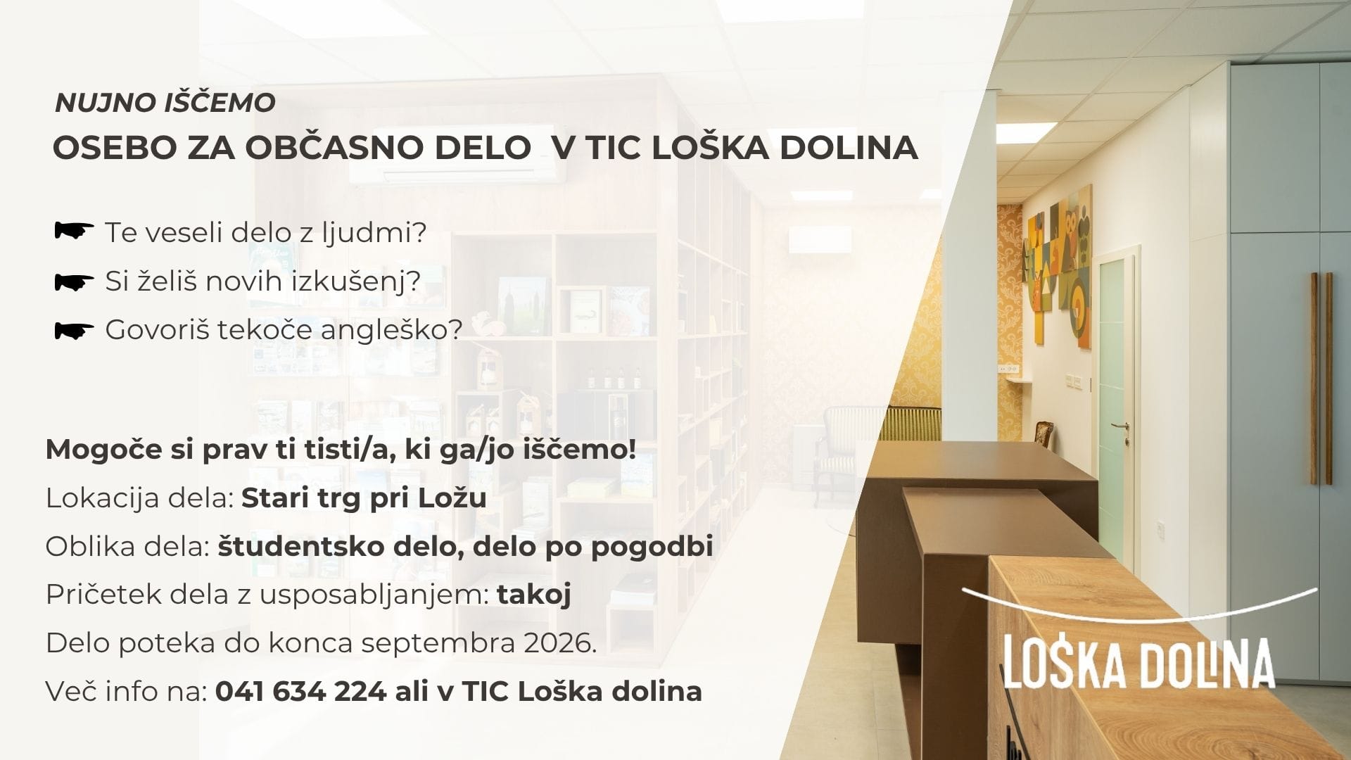 Iščemo osebo za občasno delo v TIC Loška dolina